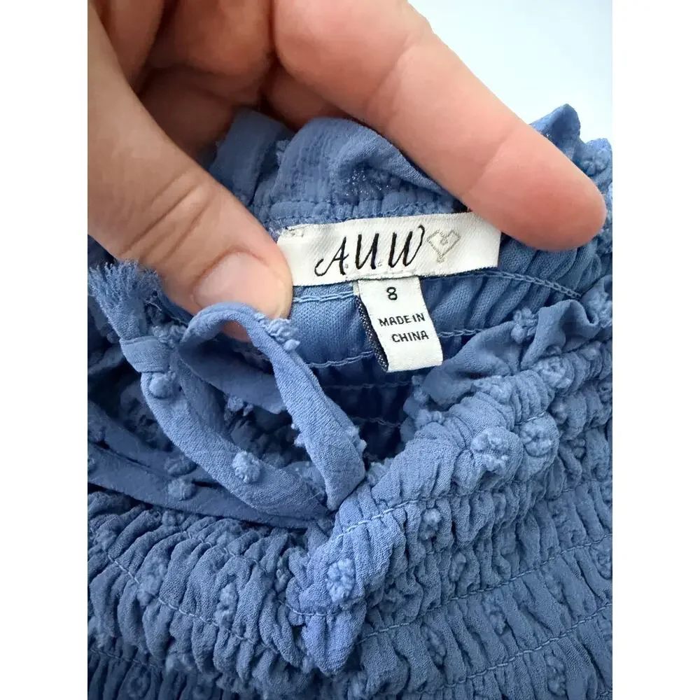 AUW Girls Blue Smocked Swiss Dot Dress Puff Sleeve Size 8